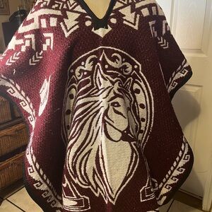 Elegant Maroon Horse Pattern Poncho